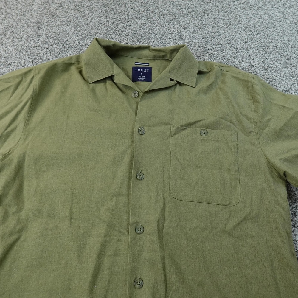 Trust Shirt Mens L Green Linen Rayon Short Sleeve Button Up Camp Loop Collar Top